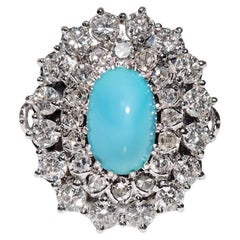 Bague vintage des années 1970 en platine, diamant naturel et turquoise
