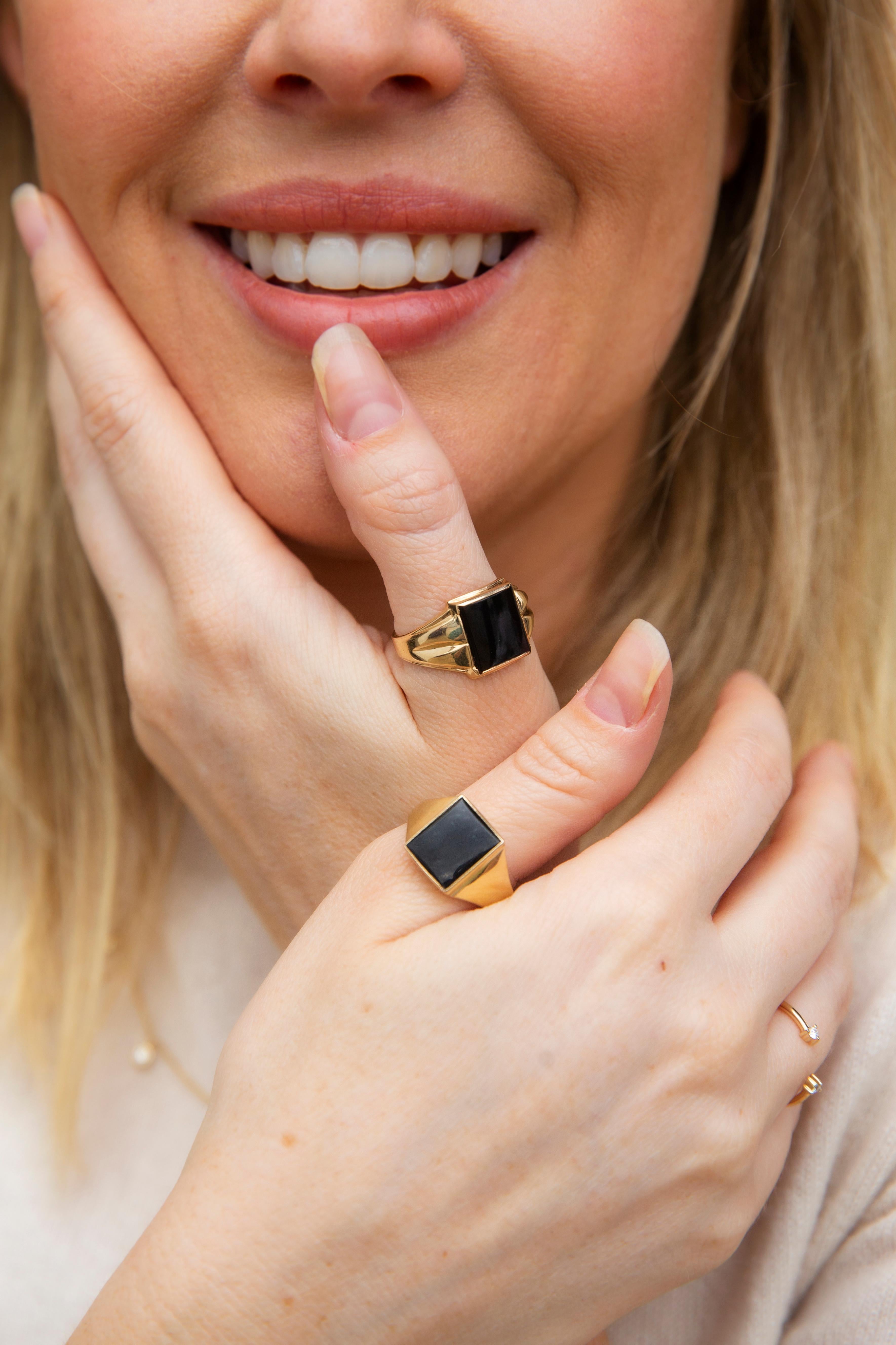 A bold rectangular buff top jet onyx makes The Zoya Ring a debonair signet ring, the perfect complement to his attire of choice. Finished with a beaded border, she makes a suave choice no matter the time or place. 

The Zoya Ring Gem Details
The