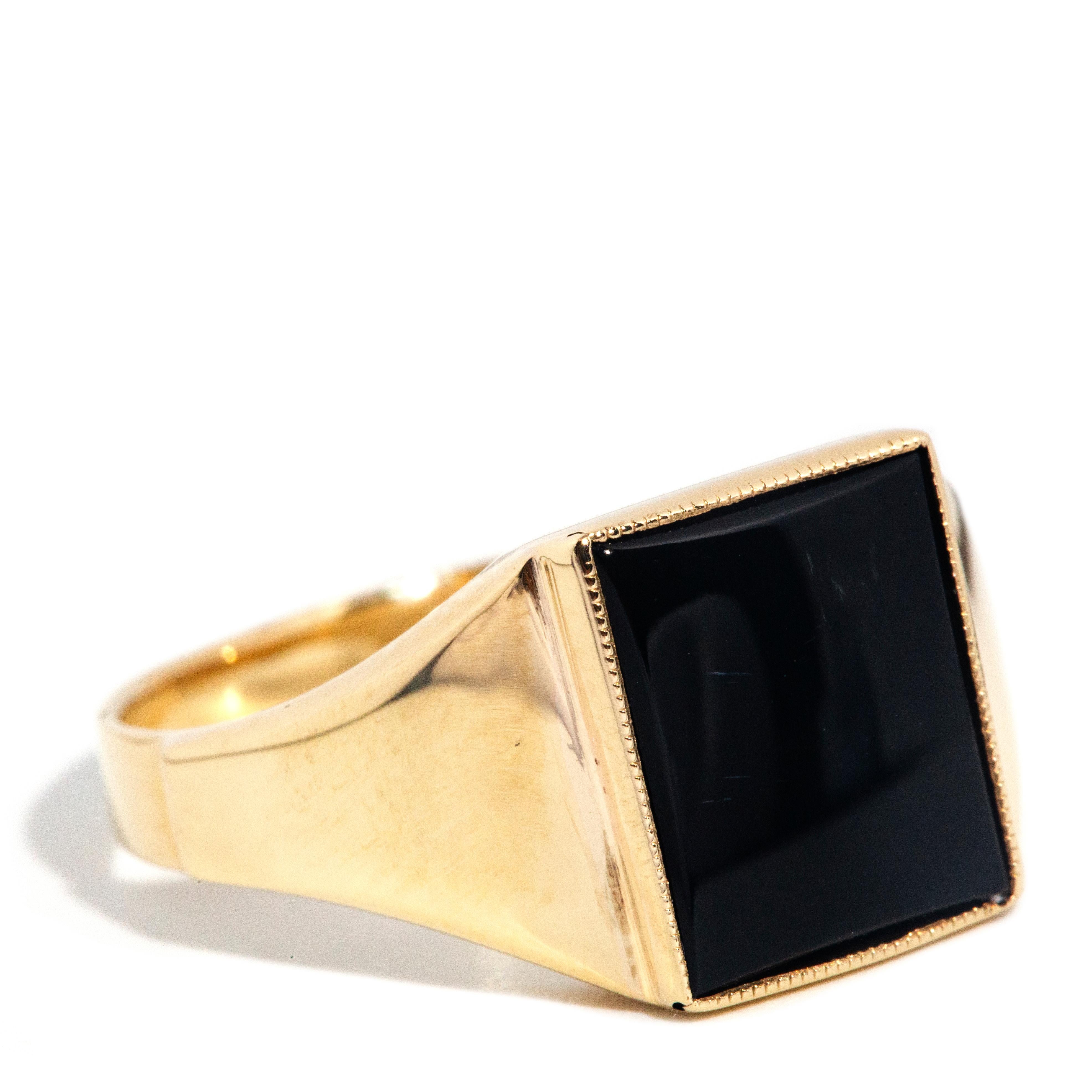 Modern Vintage Circa 1970s Rectangular Buff Top Black Onyx Ring 9 Carat Yellow Gold For Sale