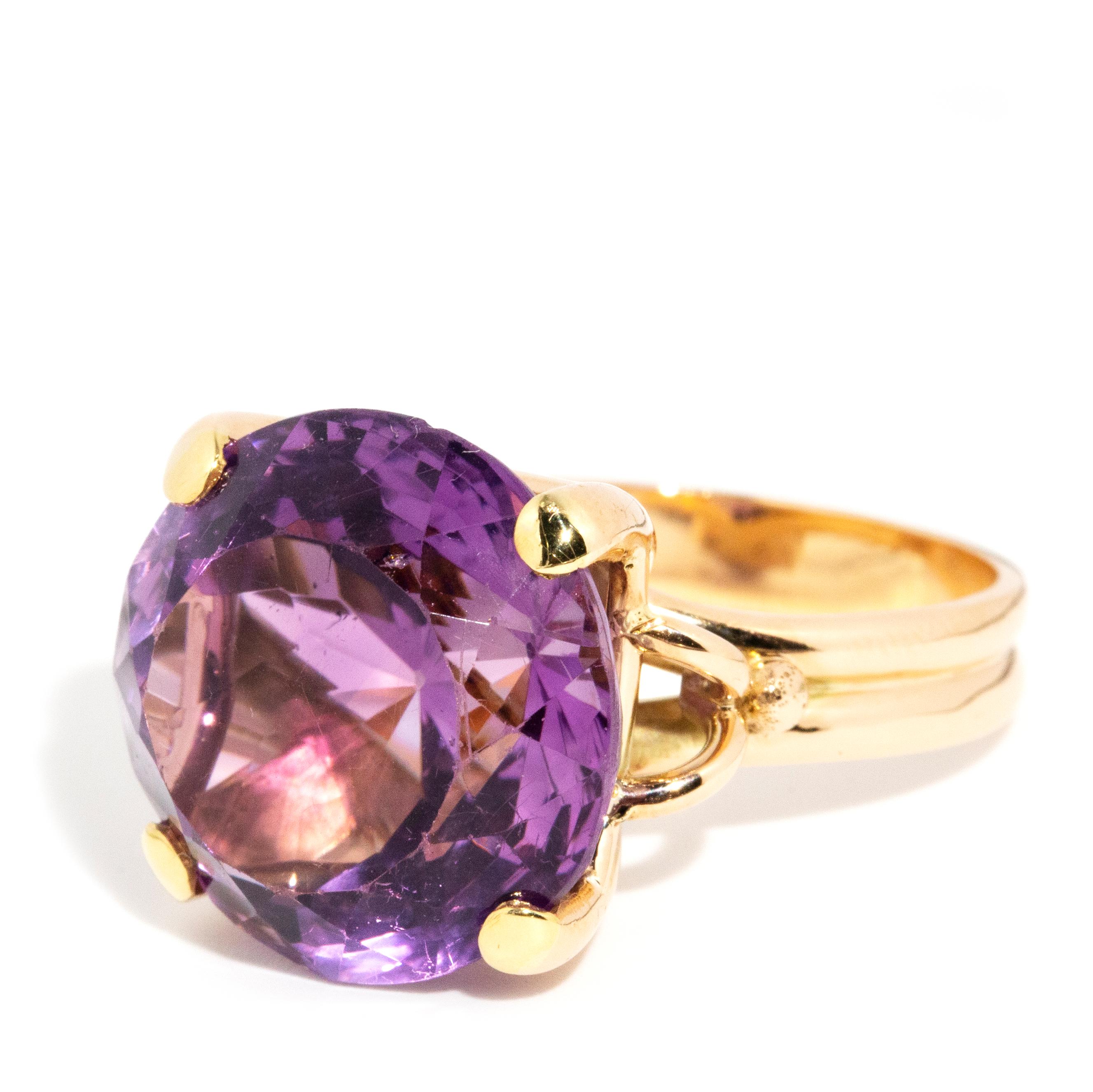 Round Cut Vintage Circa 1970s Round Amethyst Solitaire Cocktail Ring 14 Carat Yellow Gold