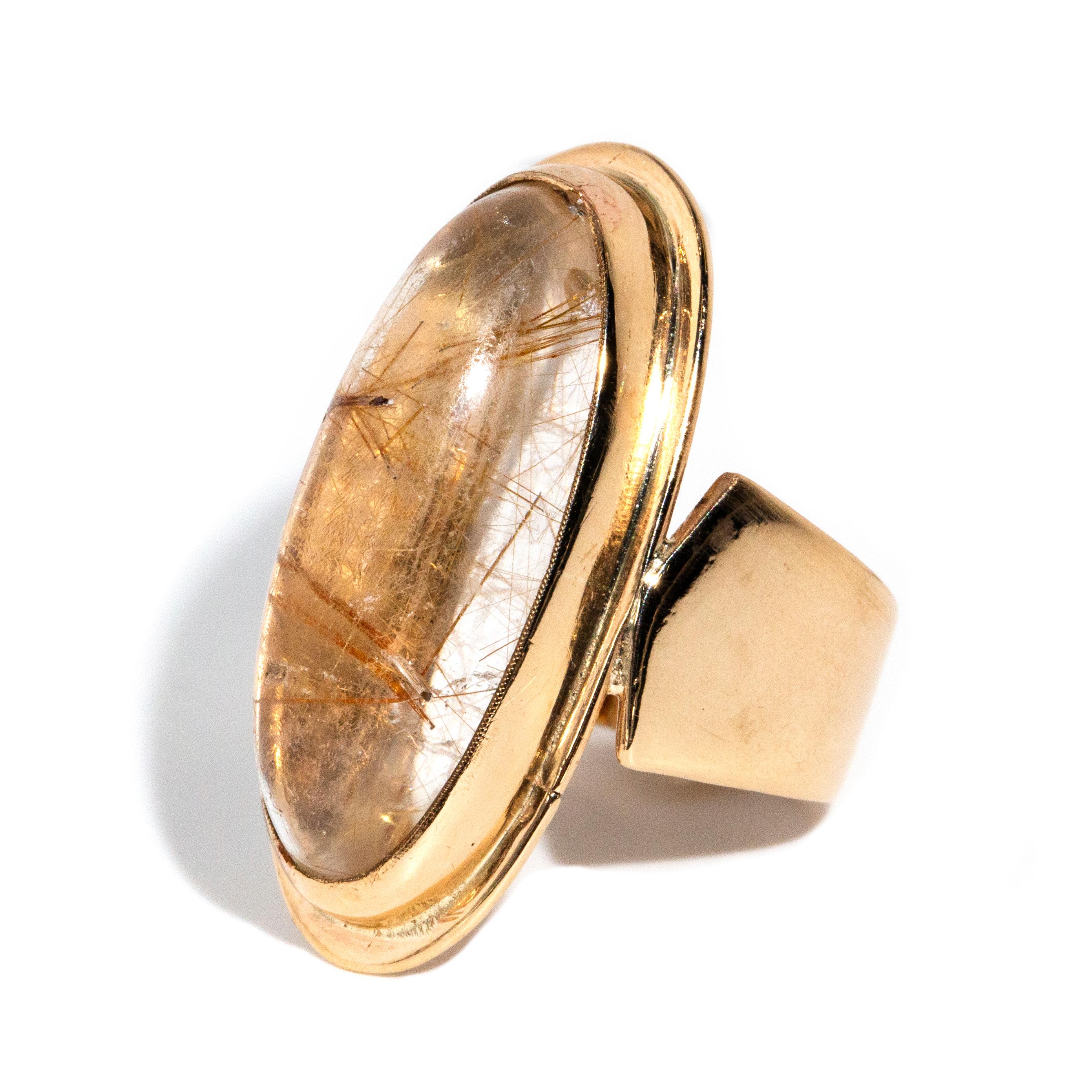 Women's Vintage Circa 1970s Rubover Rutilated Quartz Cabochon Ring 9 Carat Yellow Gold For Sale