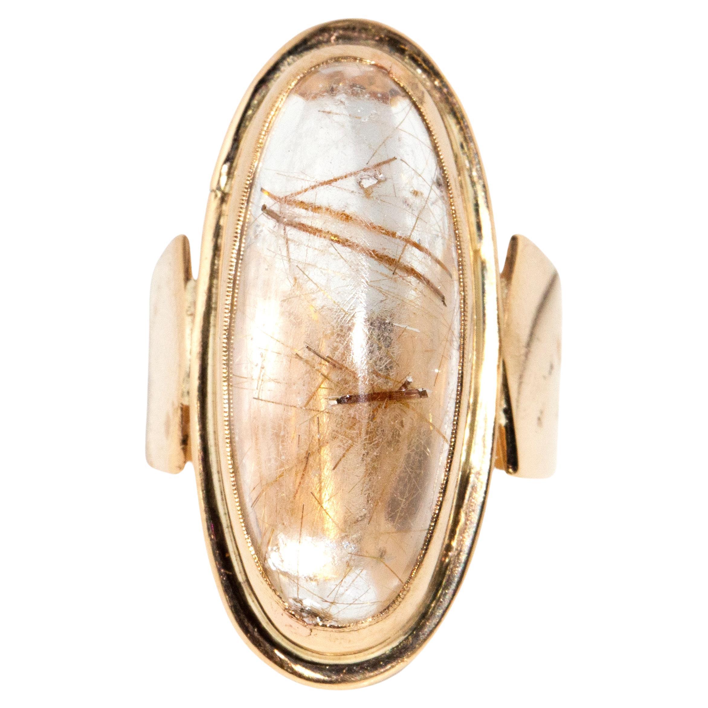 Vintage Circa 1970s Rubover Rutilated Quartz Cabochon Ring 9 Carat Yellow Gold For Sale
