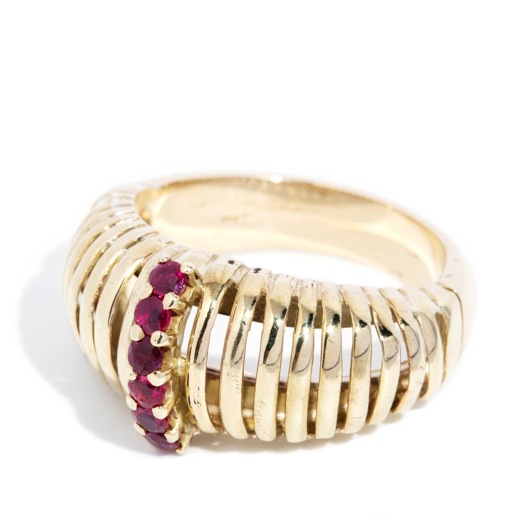 Modern Vintage Circa 1970s Ruby Ribbed Dress Ring 9 Carat Yellow Gold For Sale