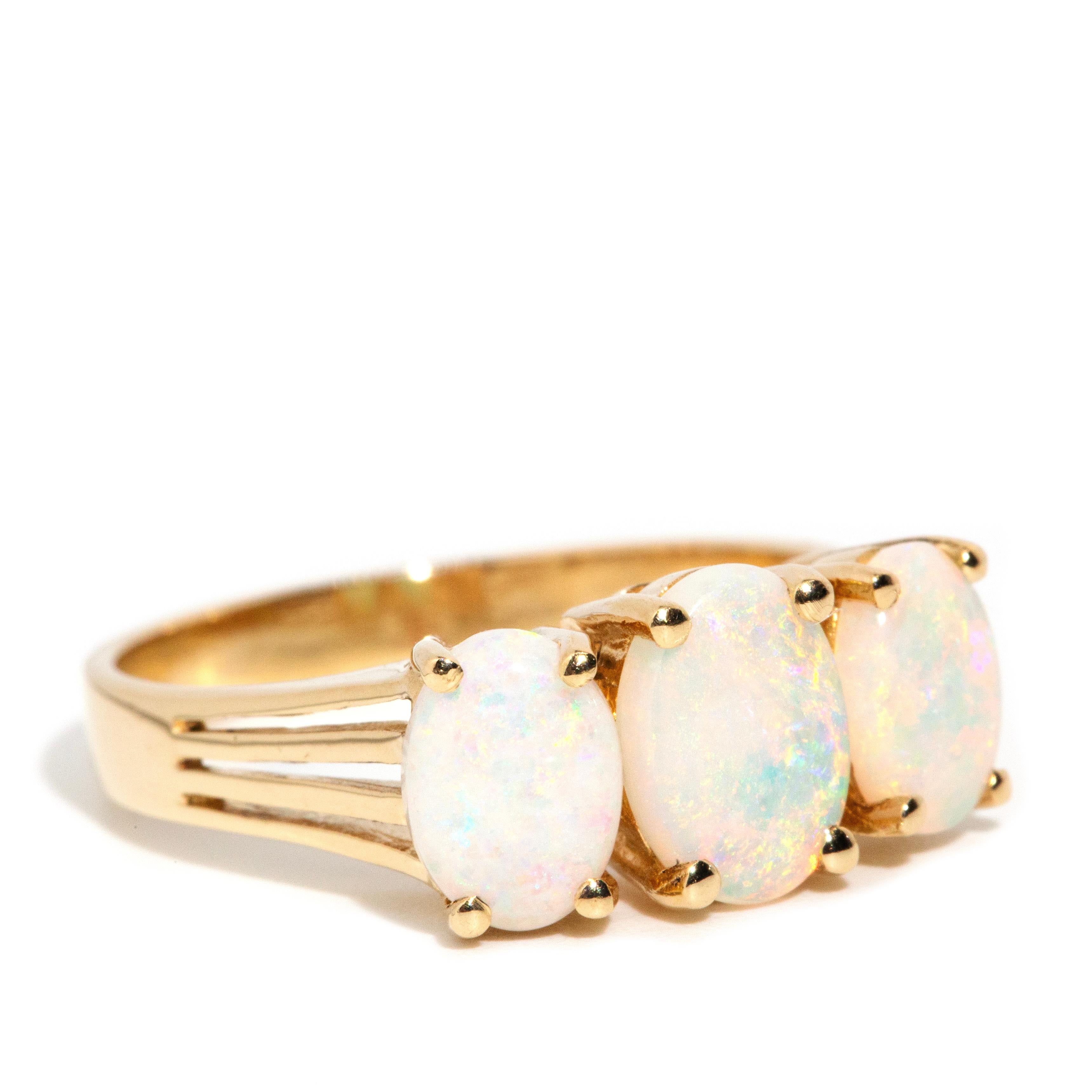 Women's Vintage Circa 1970s Solid White Australian Opal Three Stone Ring 14 Carat Gold For Sale