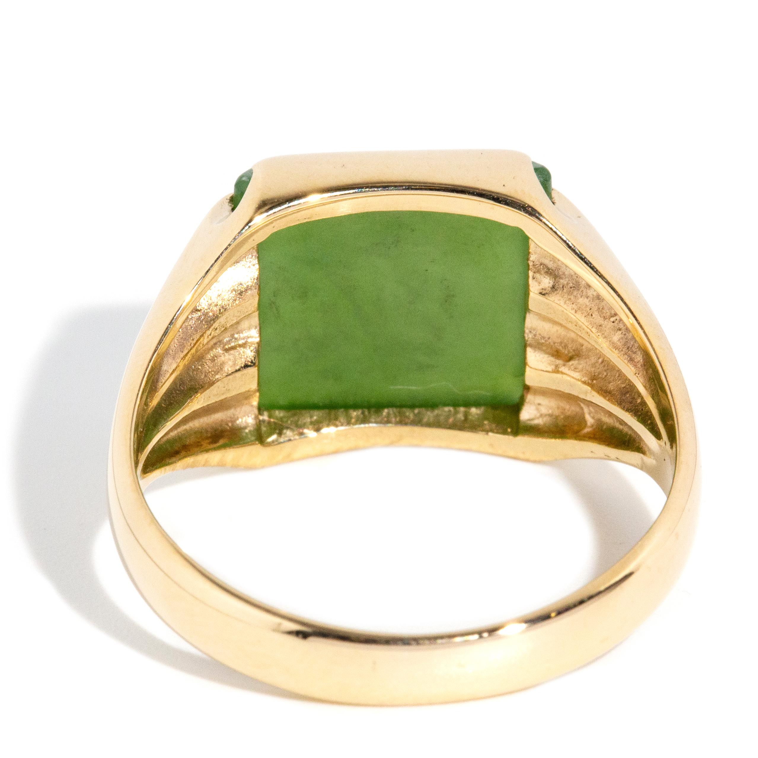 Women's Vintage Circa 1970s Square Nephrite Jade 9 Carat Yellow Gold Grooved Ring