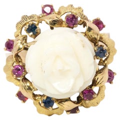 Vintage Circa 1970s White Agate Ruby Sapphire Ring 14 Carat Yellow Gold