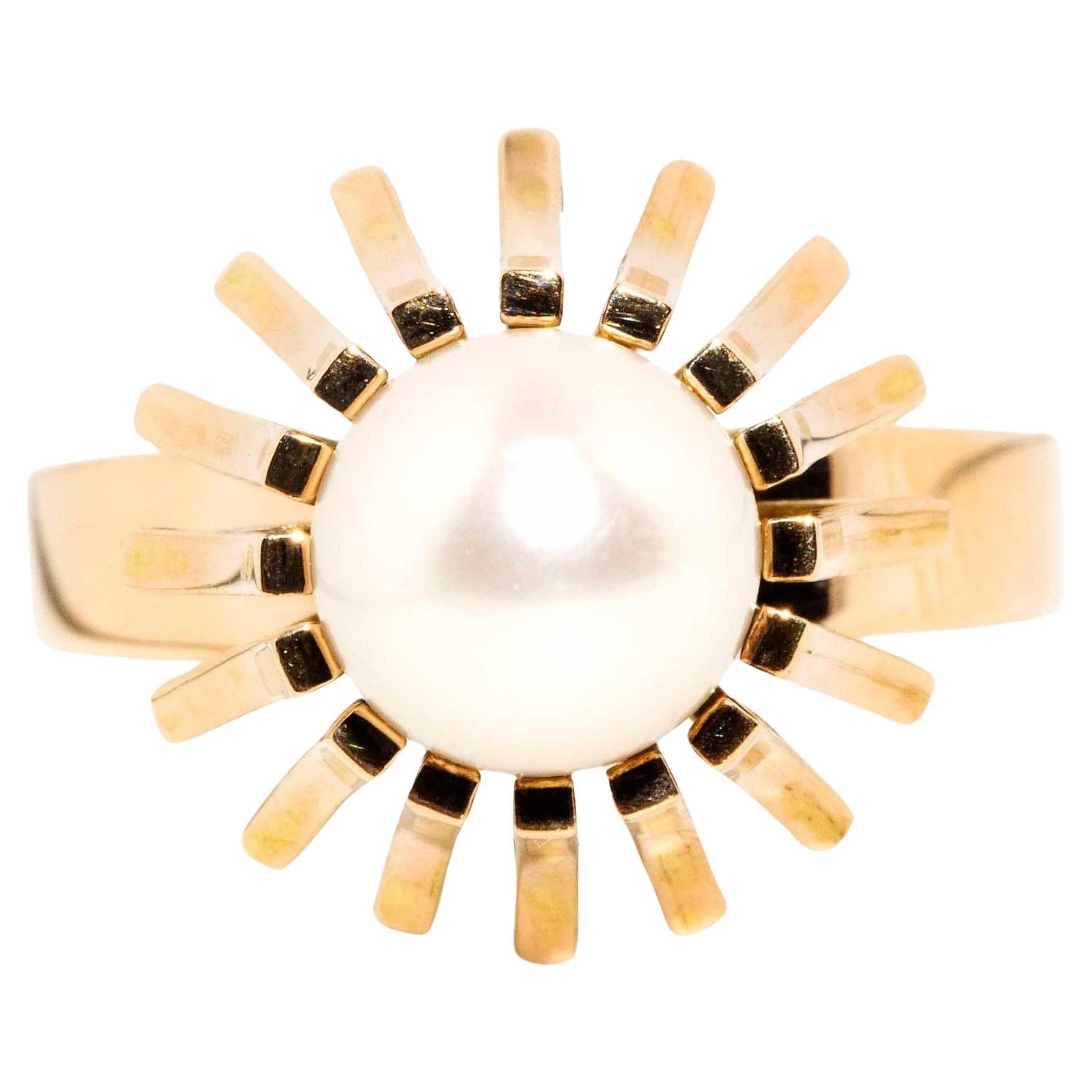 Vintage Circa 1970s Anillo Solitario Perla Blanca Oro Amarillo 14 Quilates