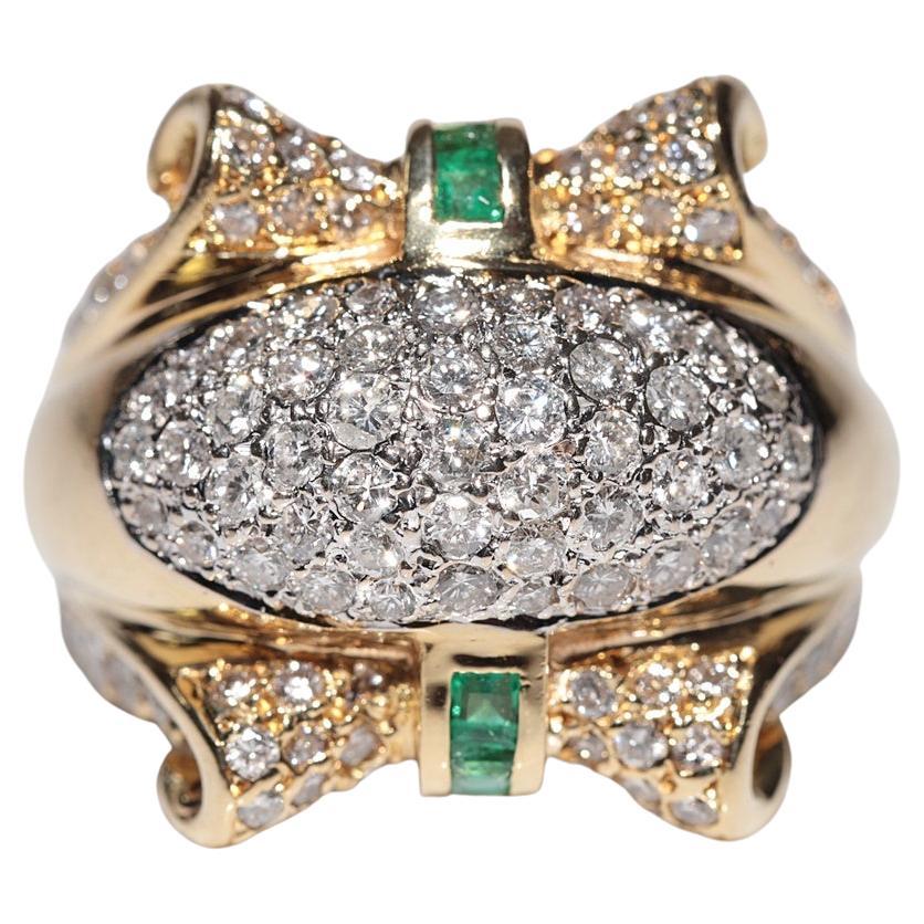 Vintage Circa 1980 18k Gold Natural Diamond And Princess Cut Emerald Tank Ring