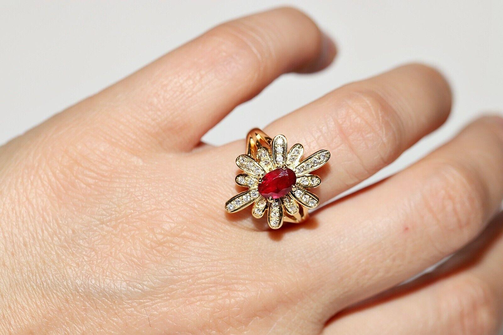 Vintage Navette-Ring, Vintage, um 1980, 18 Karat Gold, natürlicher Diamant und Rubin, dekoriert, Vintage im Angebot 5