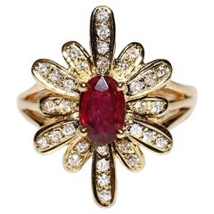 Vintage Circa 1980 18k Gold Natural Diamond And Ruby Decorated Navette Ring