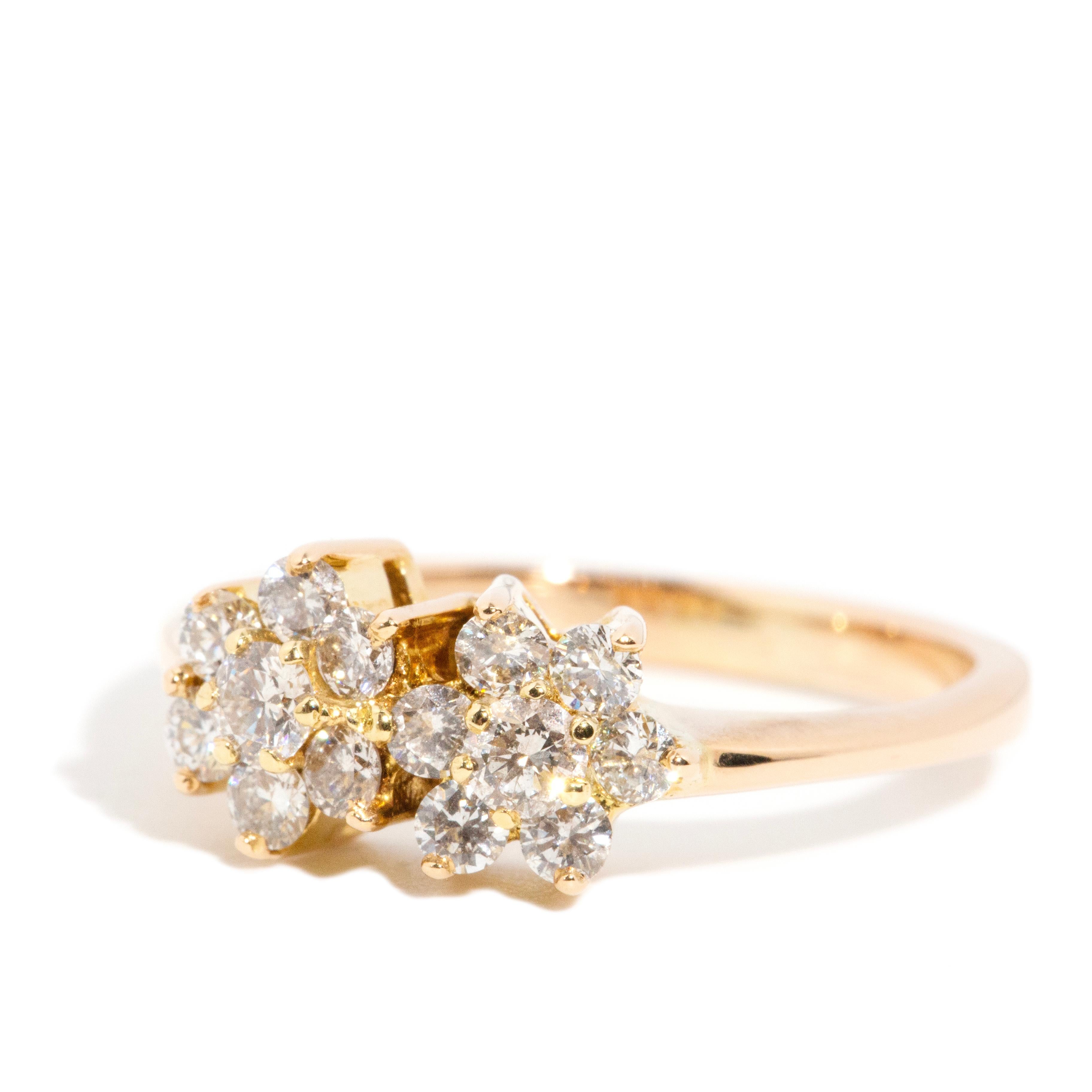 Round Cut Vintage Circa 1980s 0.50 Carat Twin Cluster Diamond Ring 18 Carat Yellow Gold For Sale