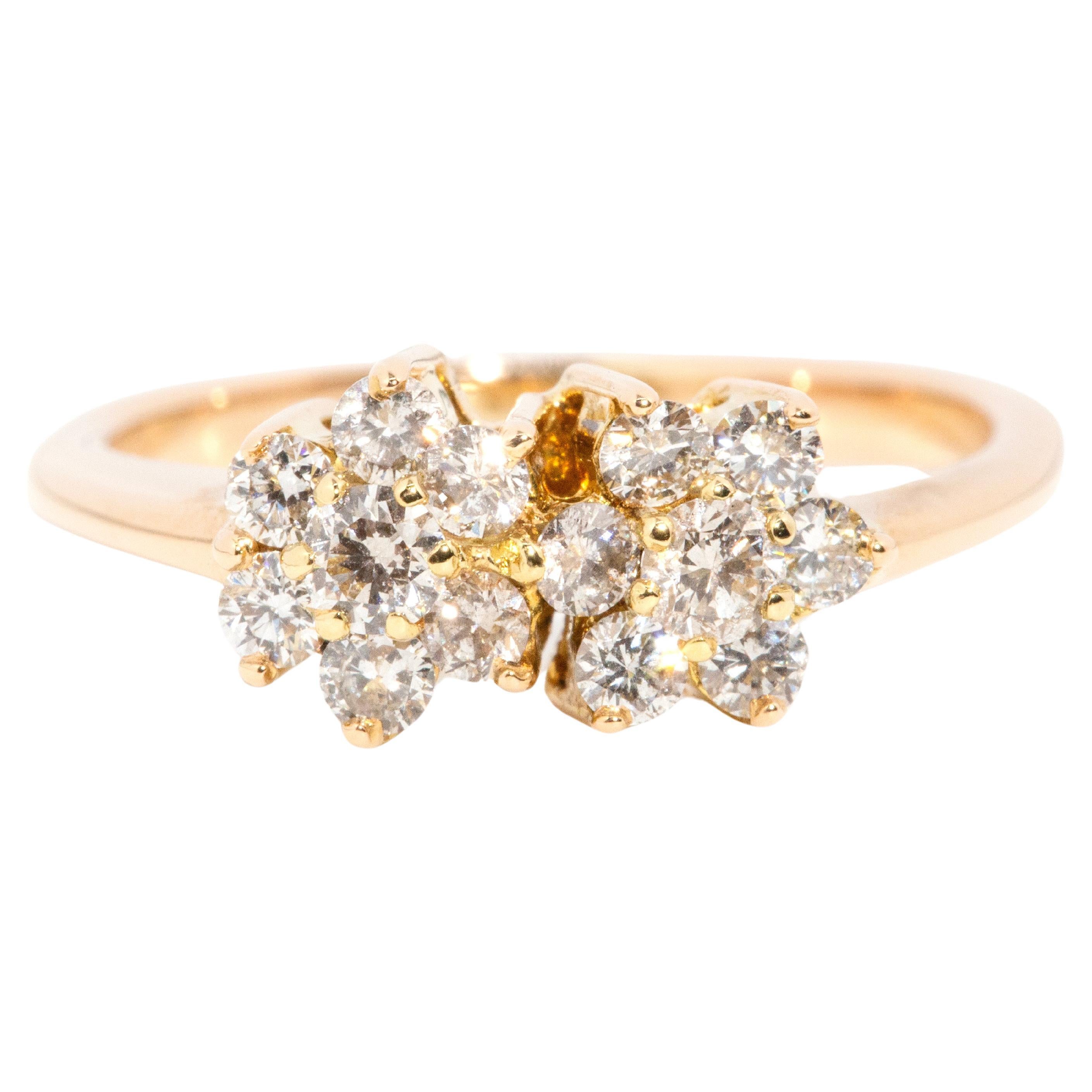 Vintage Circa 1980s 0.50 Carat Twin Cluster Diamond Ring 18 Carat Yellow Gold For Sale