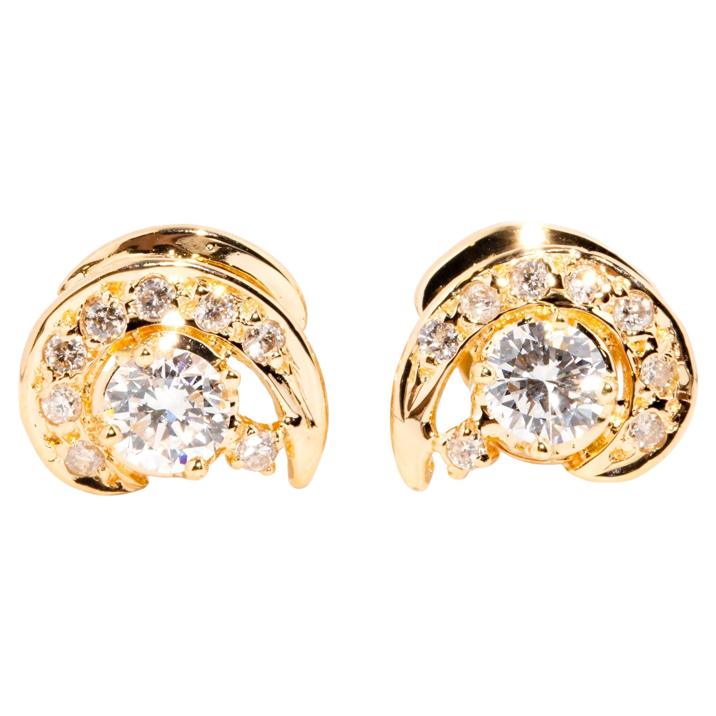 Vintage Circa 1980s 0.62 Carat Diamond Swirling Cluster Studs 18 Carat Gold For Sale