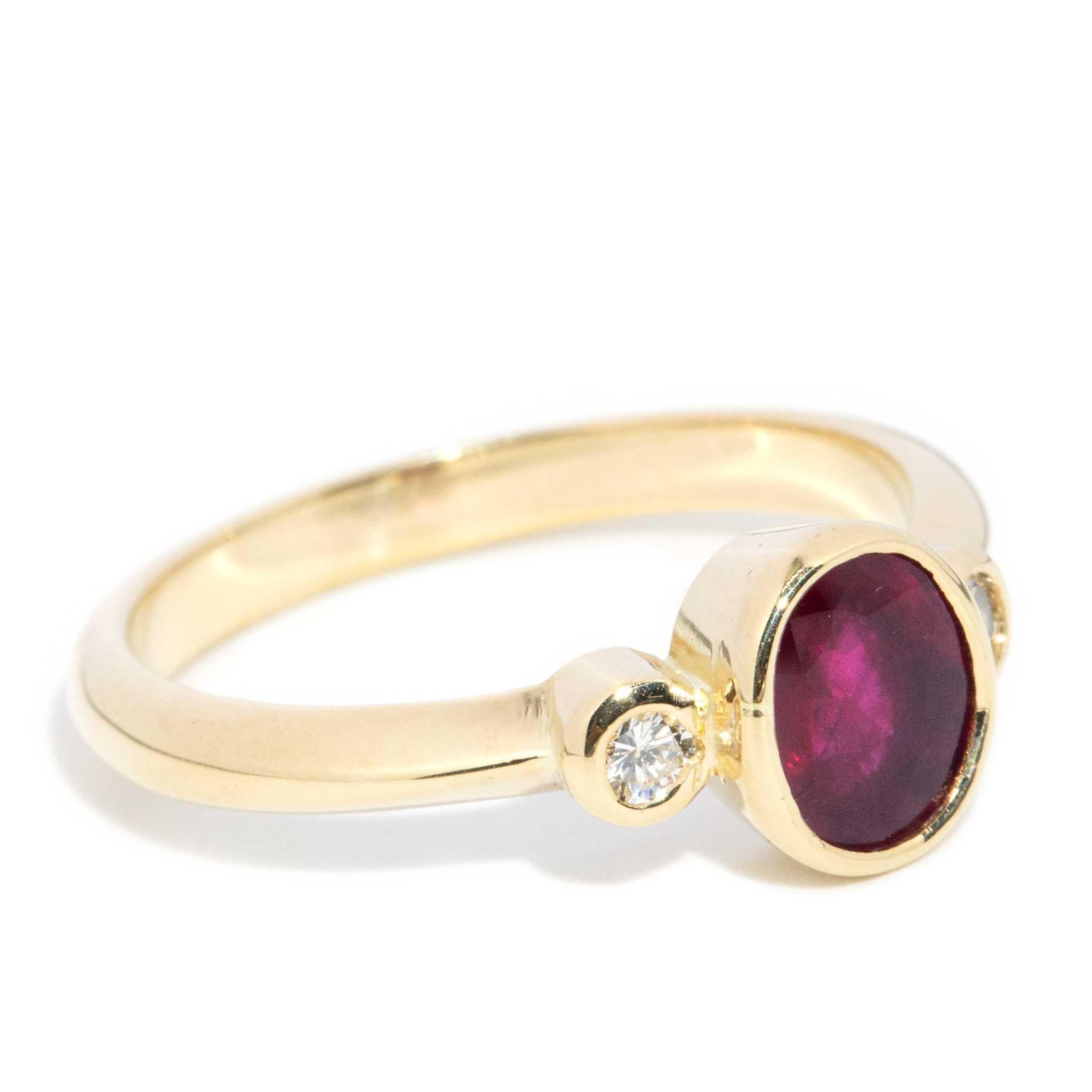 Modern Vintage Circa 1980s 1.00 Carat Ruby & Diamond Ring 18 Carat Yellow Gold For Sale