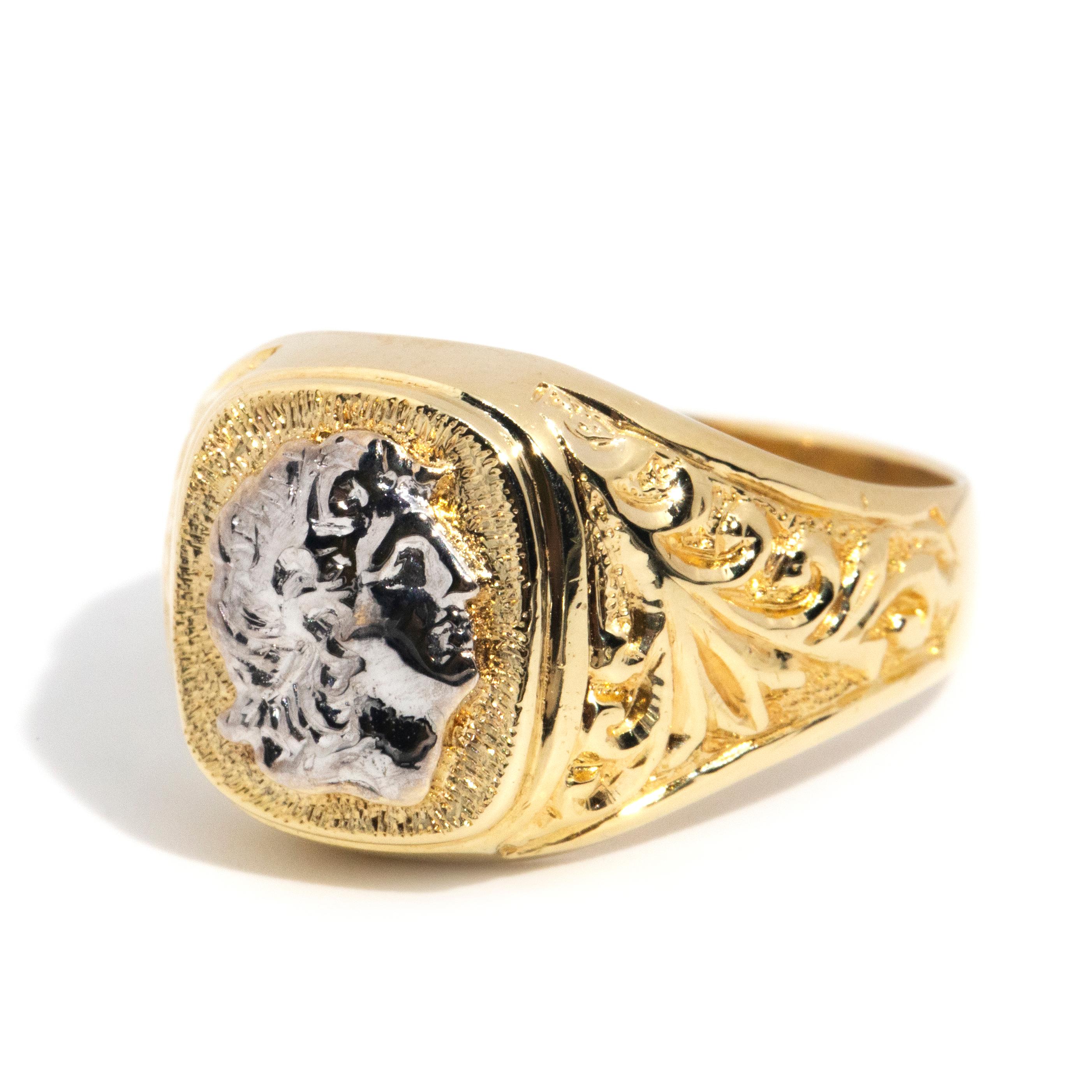 Vintage um 1980 14 Karat Gelb- und Weißgold Römisch-inspirierter Siegelring für Damen oder Herren