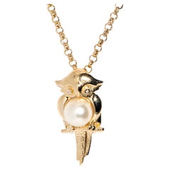 Vintage circa 1980s 14 Carat Yellow Gold Pearl Owl Pendant & 10 Carat Gold Chain
