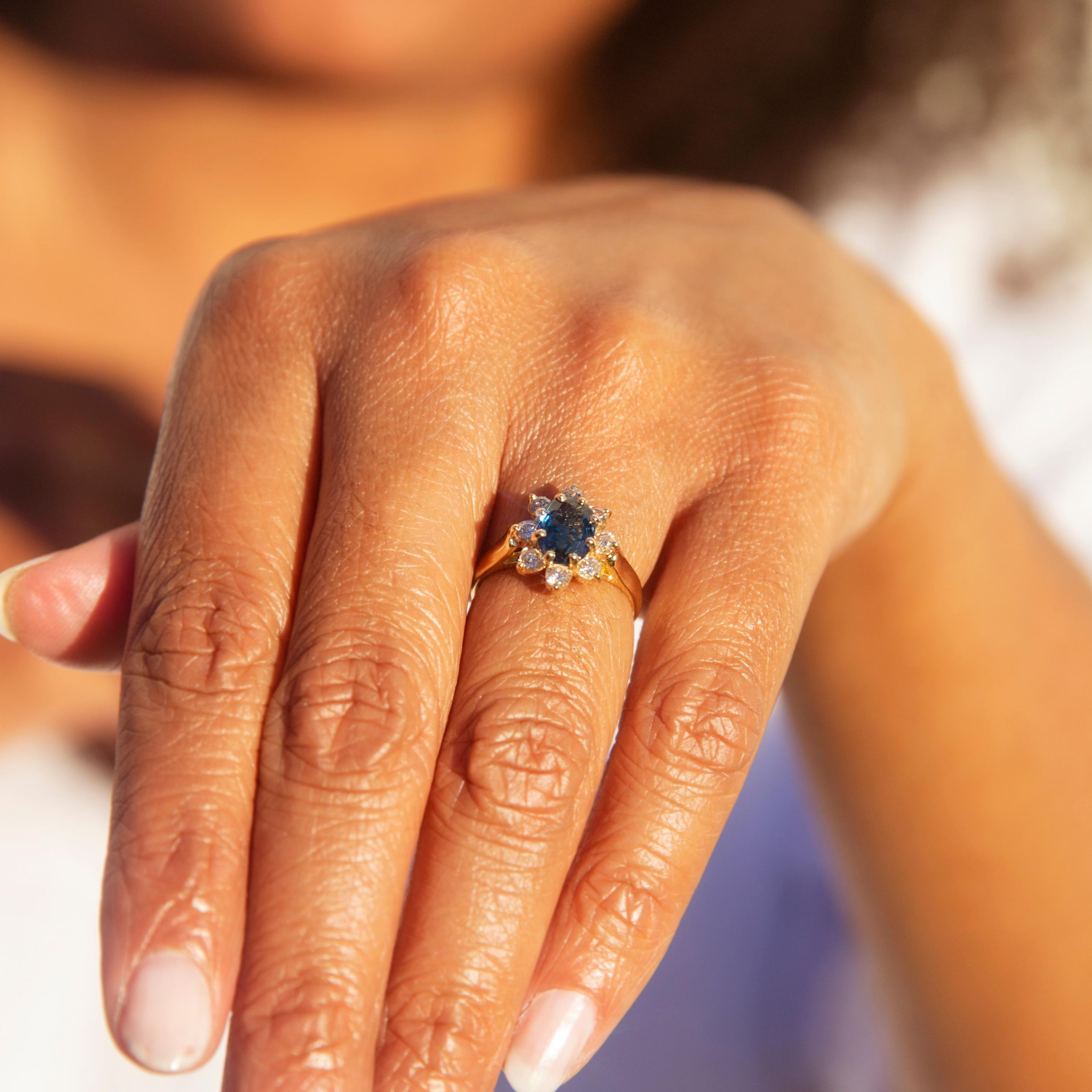 Lovingly crafted in 18 carat gold, The Jude Ring is a stunning piece. Set with an exquisite 1.48ct sapphire framed in a shimmering halo of diamonds, she is both a classic and desirable.  

The Jude Ring Gem Details
The faceted oval natural deep