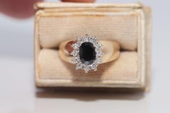 Anello vintage degli anni ’80, in oro 14k, con diamante naturale e zaffiro a taglio ovale