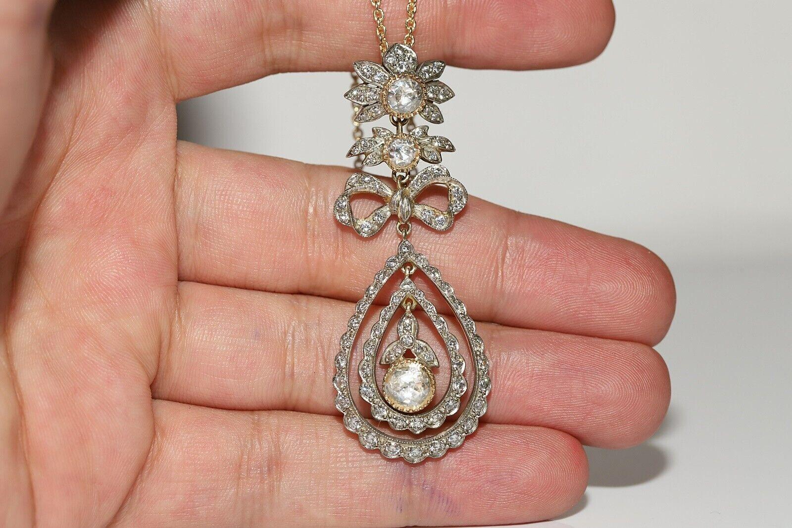 Vintage Circa 1980er Jahre 14k Gold Handgefertigte Halskette mit natürlichem Diamant-Deko-Anhänger, Vintage (Rosenschliff) im Angebot