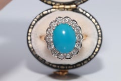 Vintage Circa 1980 Bague en or 14k diamant naturel et turquoise taillée en cabochon