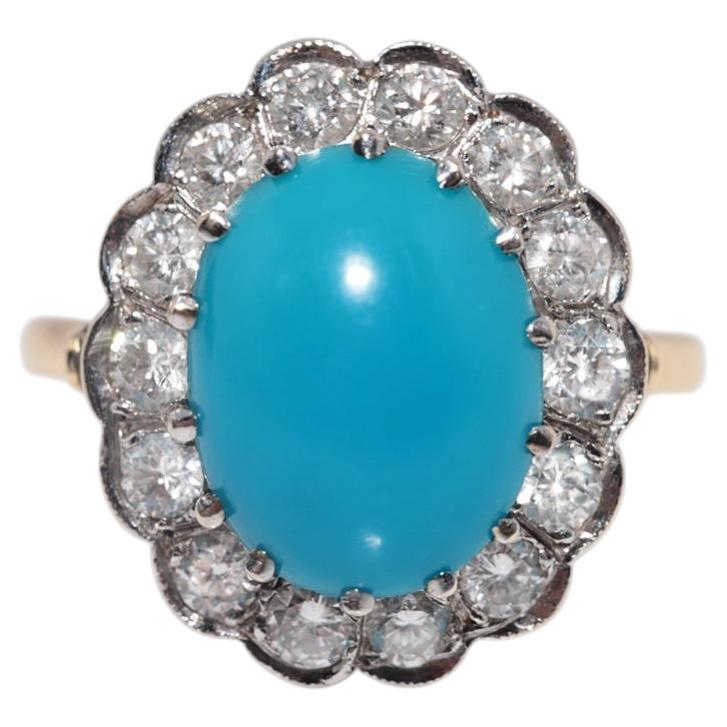 Vintage Circa 1980 Bague en or 14k diamant naturel et turquoise taillée en cabochon