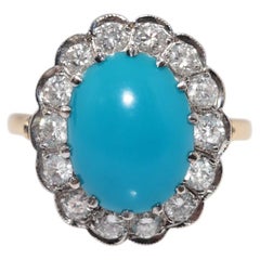 Vintage Circa 1980 Bague en or 14k diamant naturel et turquoise taillée en cabochon