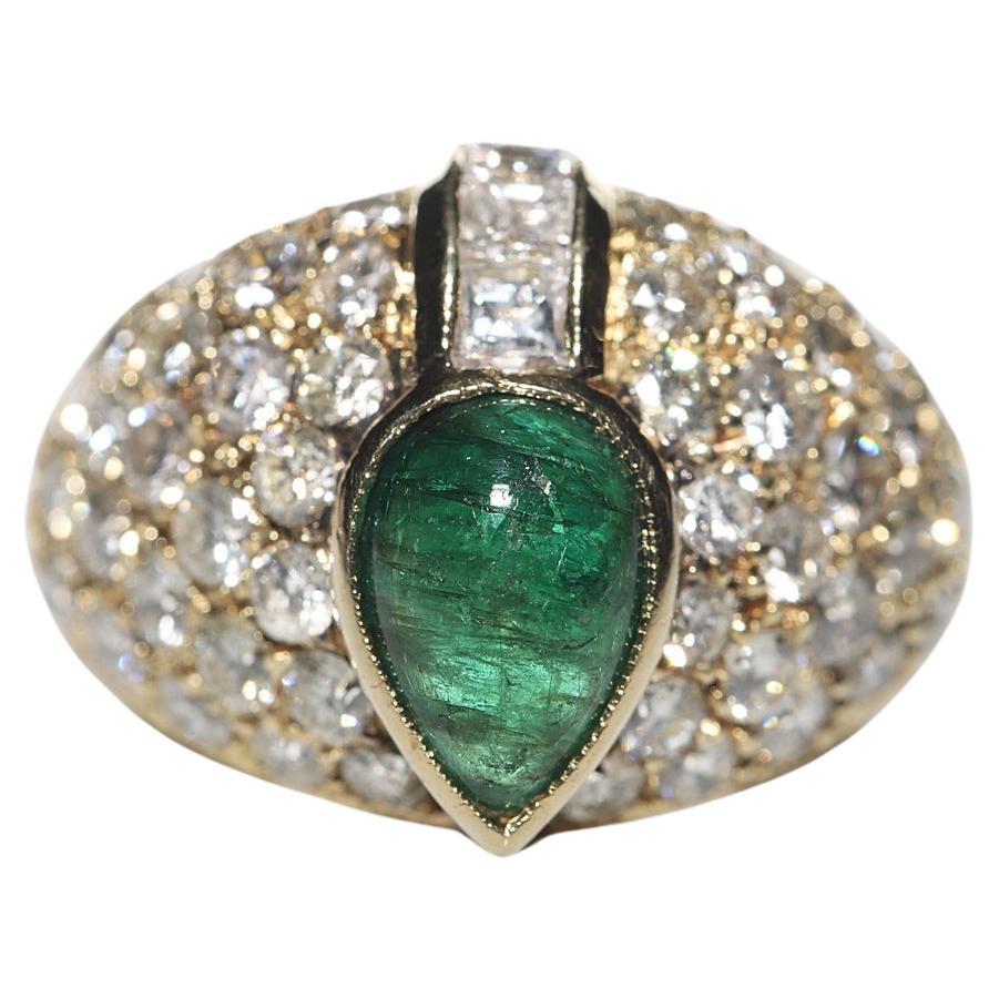  Vintage Circa 1980s 14k Gold Natural Diamond And Cabochon Emerald Decorated Ri