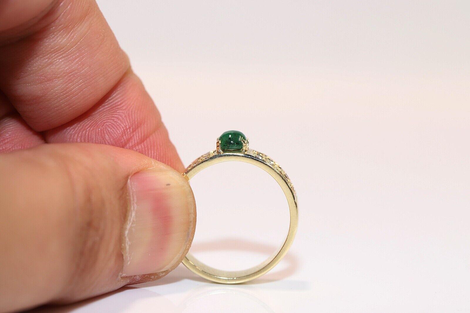 Single Cut Vintage Circa 1980s 14k Gold Natural Diamond And Cabochon Emerald Ring  For Sale