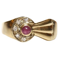 Vintage Circa 1980s 14k Gold Natural Diamond And Cabochon Ruby Decorated Ring