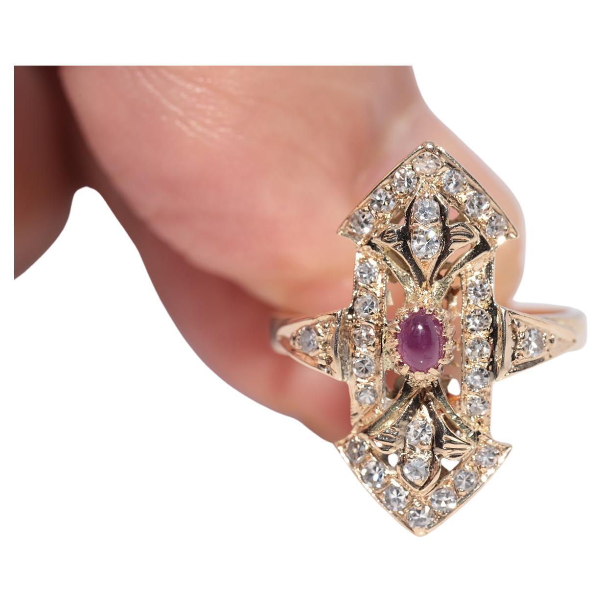 Vintage Circa 1980s 14k Gold Natural Diamond And Cabochon Ruby Navette Ring