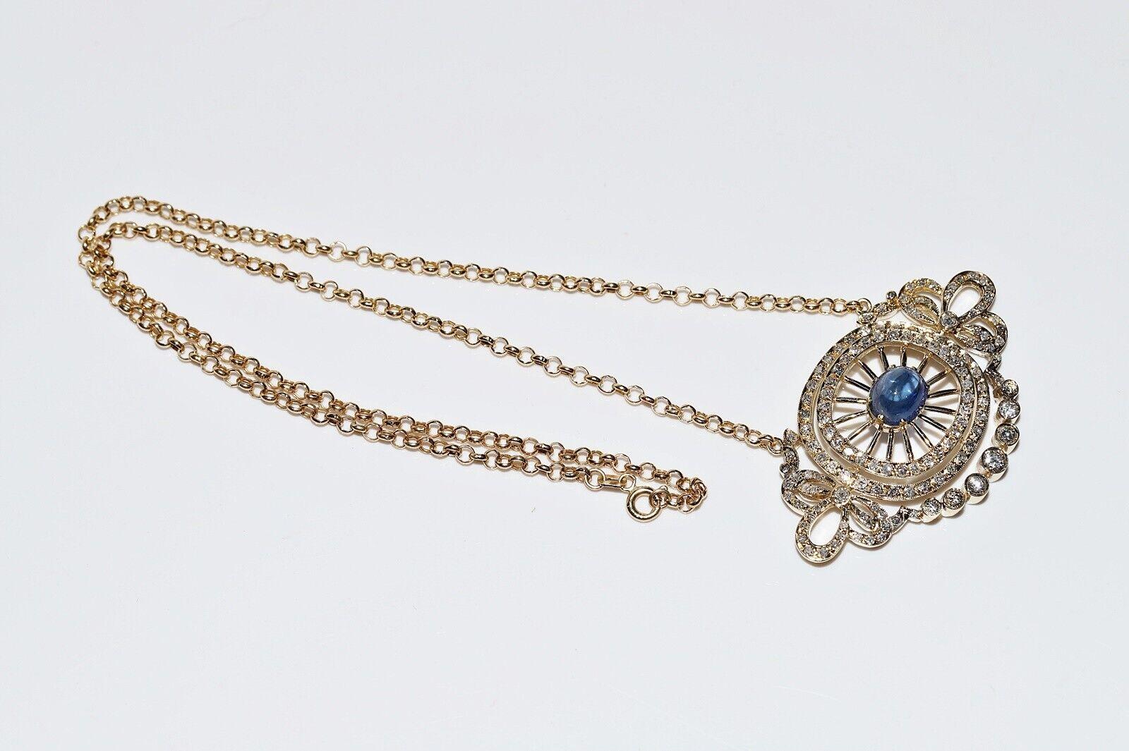 Taglio singolo Collana in oro 14k con diamanti naturali e zaffiri cabochon, vintage, anni '80 circa. in vendita