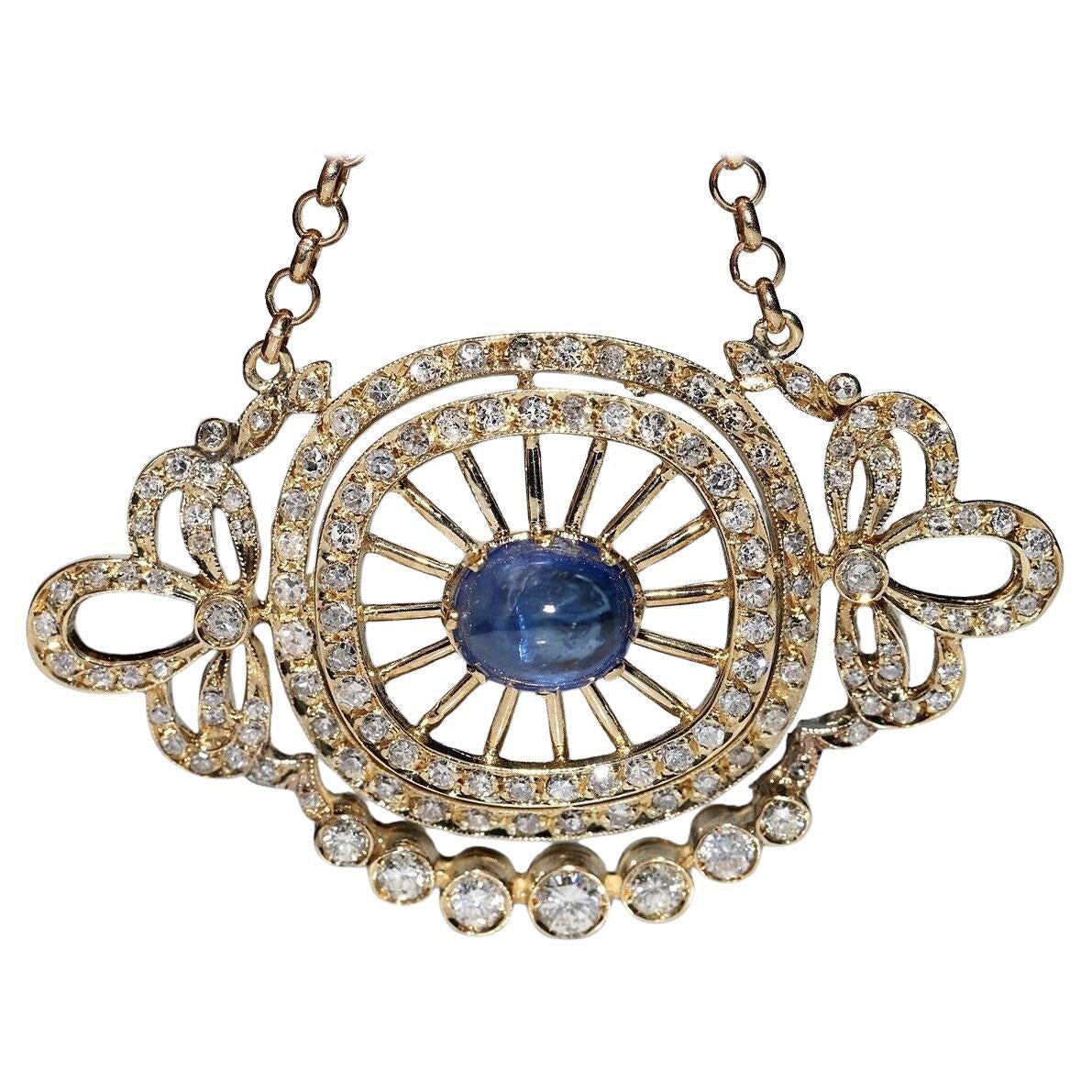 Collana in oro 14k con diamanti naturali e zaffiri cabochon, vintage, anni '80 circa.