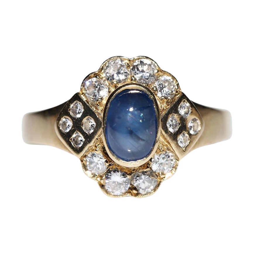 Vintage Circa 1980er Jahre 14k Gold natürlicher Diamant und Cabochon-Saphir  Ring