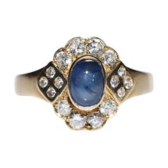 Vintage Circa 1980er Jahre 14k Gold natürlicher Diamant und Cabochon-Saphir  Ring