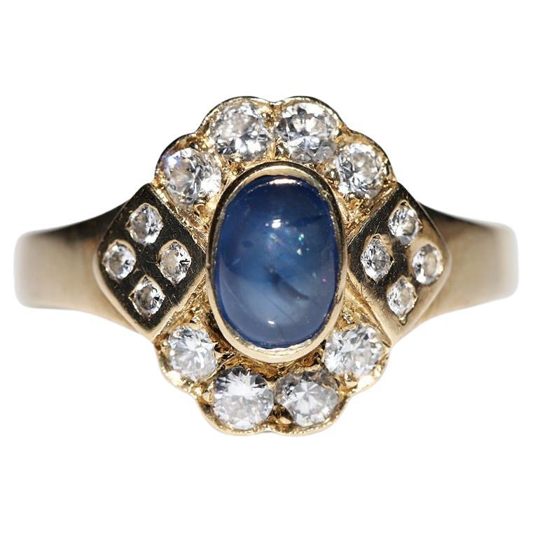 Vintage Circa 1980s 14k Gold Natural Diamond And Cabochon Sapphire  Ring For Sale