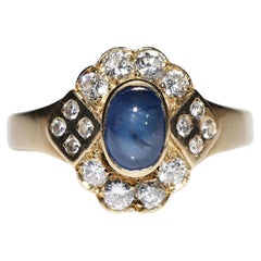 Vintage Circa 1980s 14k Gold Natural Diamond And Cabochon Sapphire  Ring