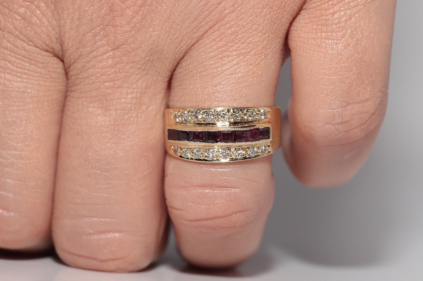 Anello d'oro 14k con diamanti naturali e rubini taglio calibro, vintage, anni '80 circa in vendita 10