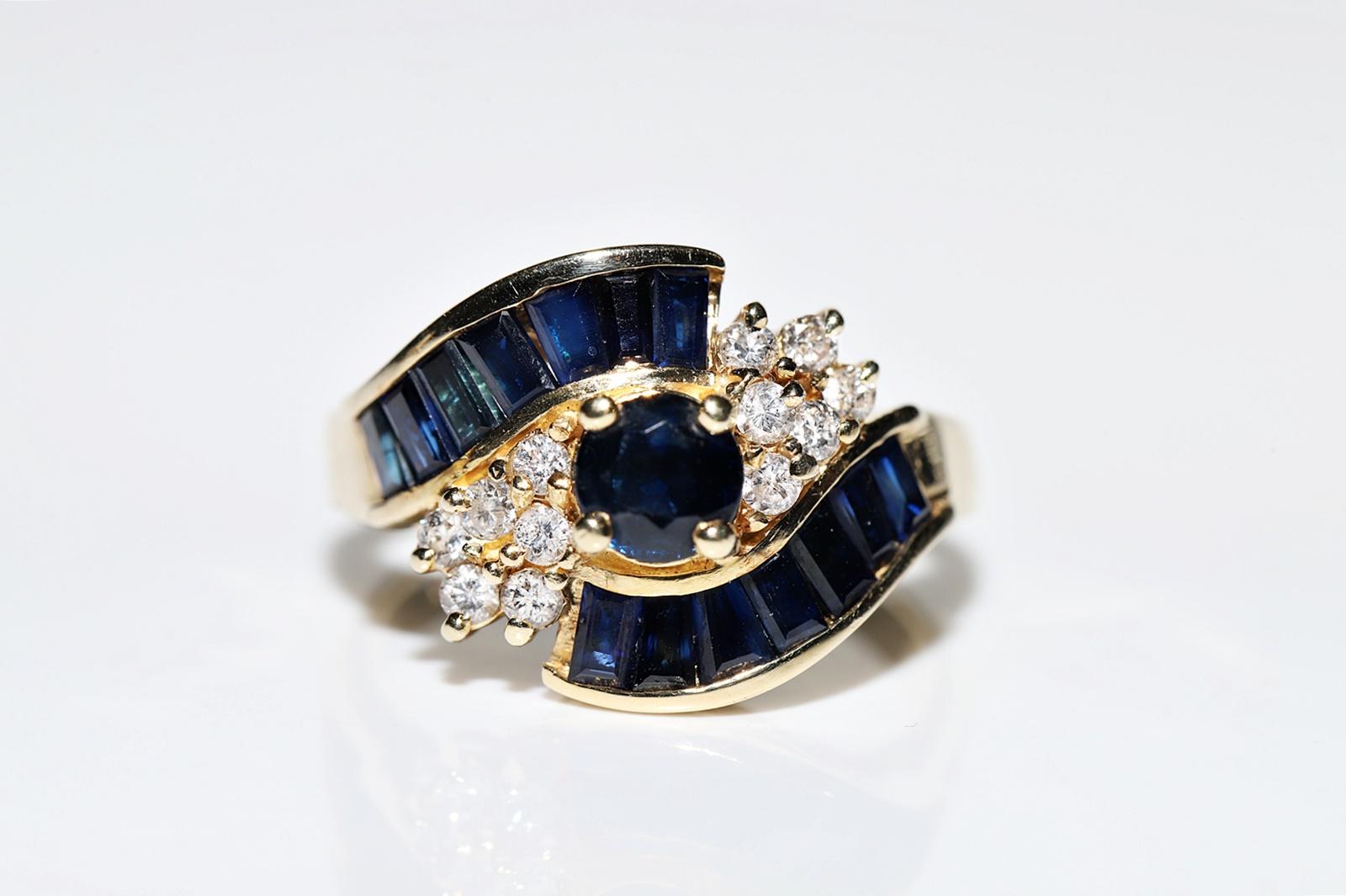 Brilliant Cut Vintage Circa 1980s 14k Gold Natural Diamond And Caliber Cut Sapphire Ring For Sale