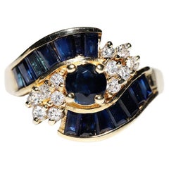 Vintage Circa 1980s 14k Gold Natural Diamond And Caliber Cut Sapphire Ring
