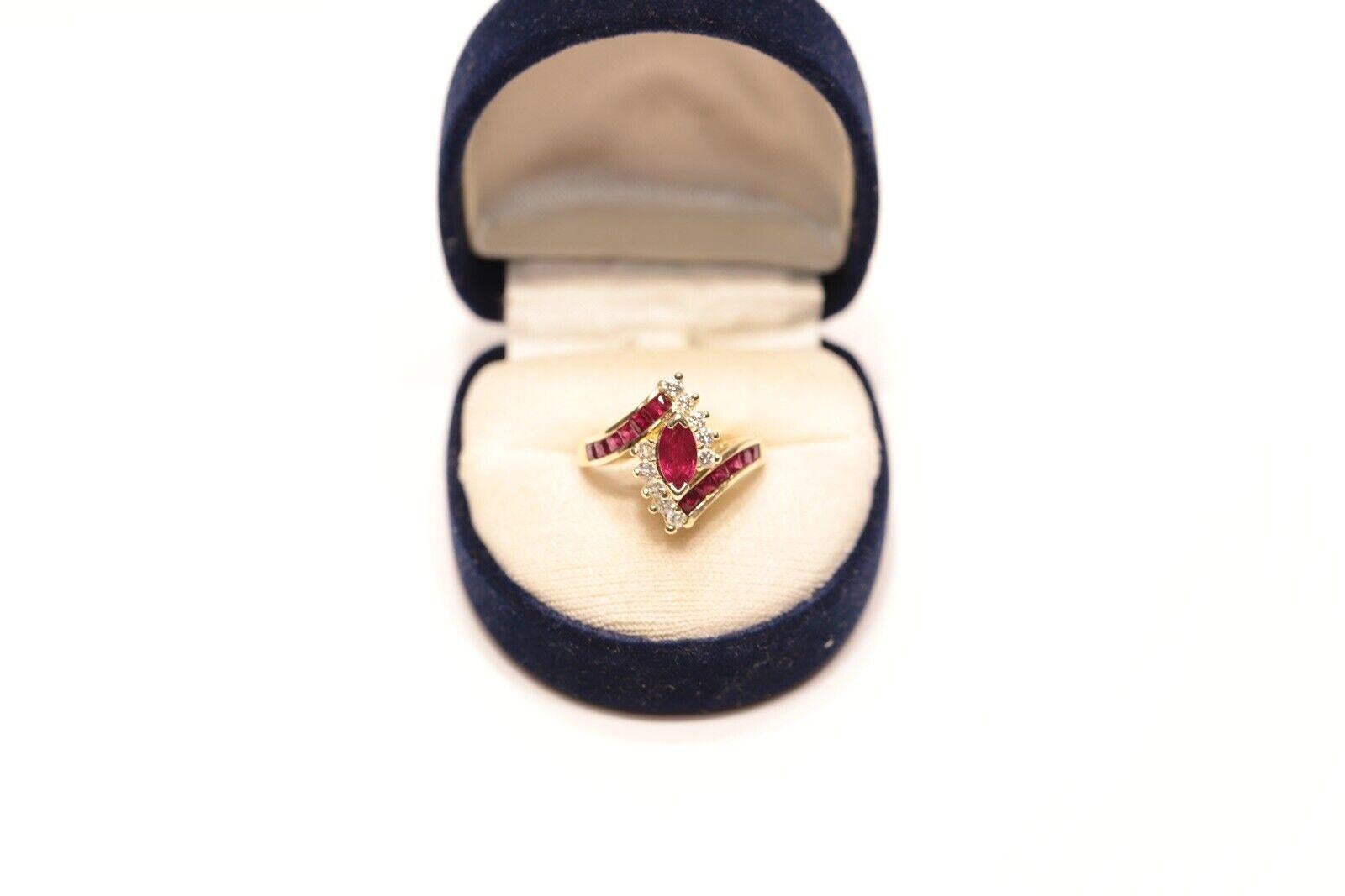 In very good condition.
Total weight 4.9 grams.
Total weight diamond about 0.45 carat.
The diamond has vs clarity and G color.
Total about 0.90 carat ruby.
Ring size is US 6.4 (We offer free resizing)
We can make any size.
Box is not
