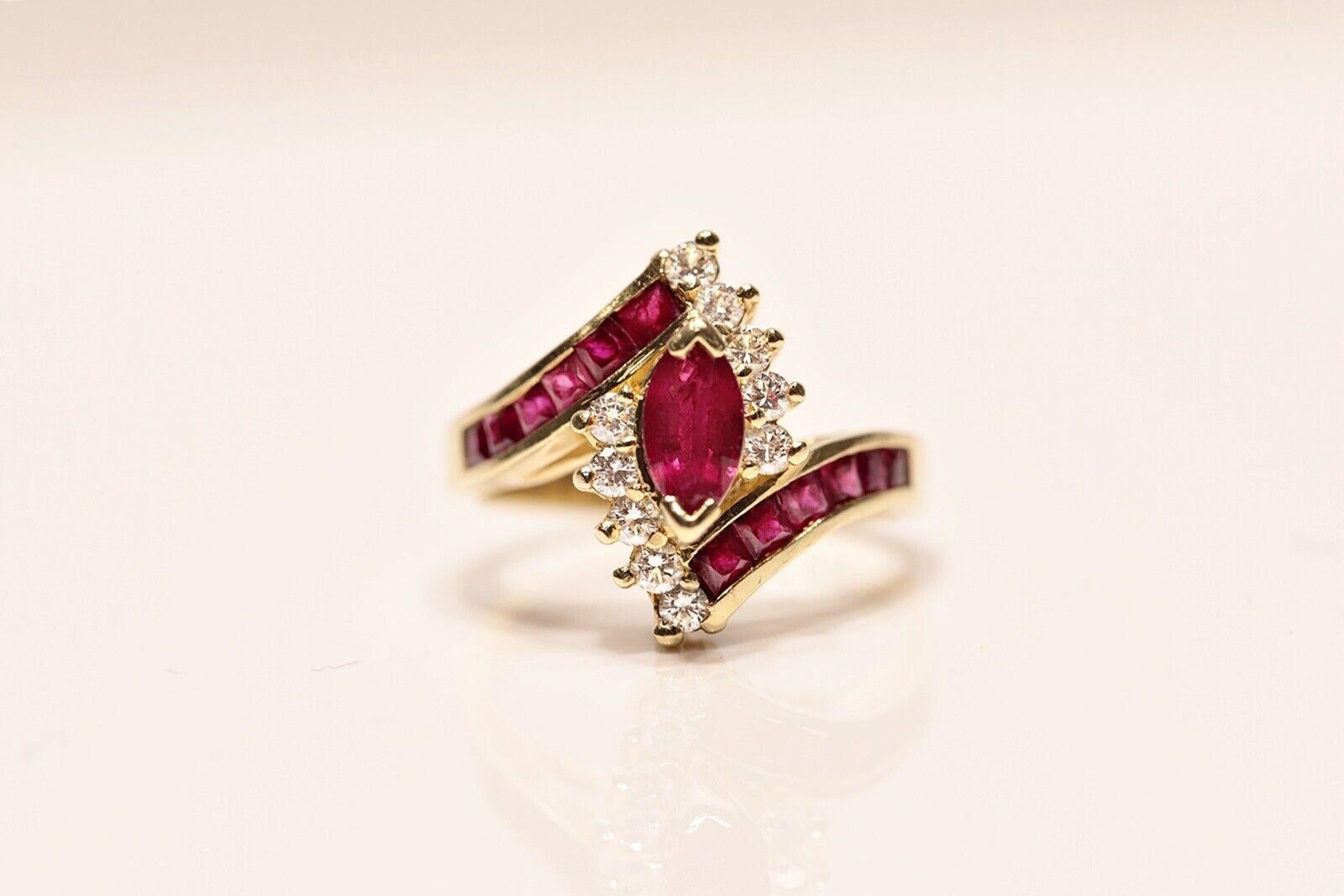 Brilliant Cut Vintage Circa 1980s 14k Gold Natural Diamond And Caliber Ruby Decorated Ring  For Sale