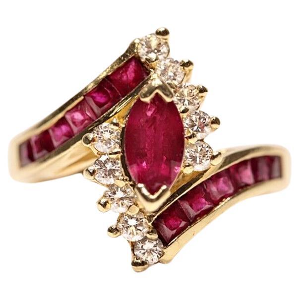 Vintage Circa 1980s 14k Gold Natural Diamond And Caliber Ruby Decorated Ring  For Sale