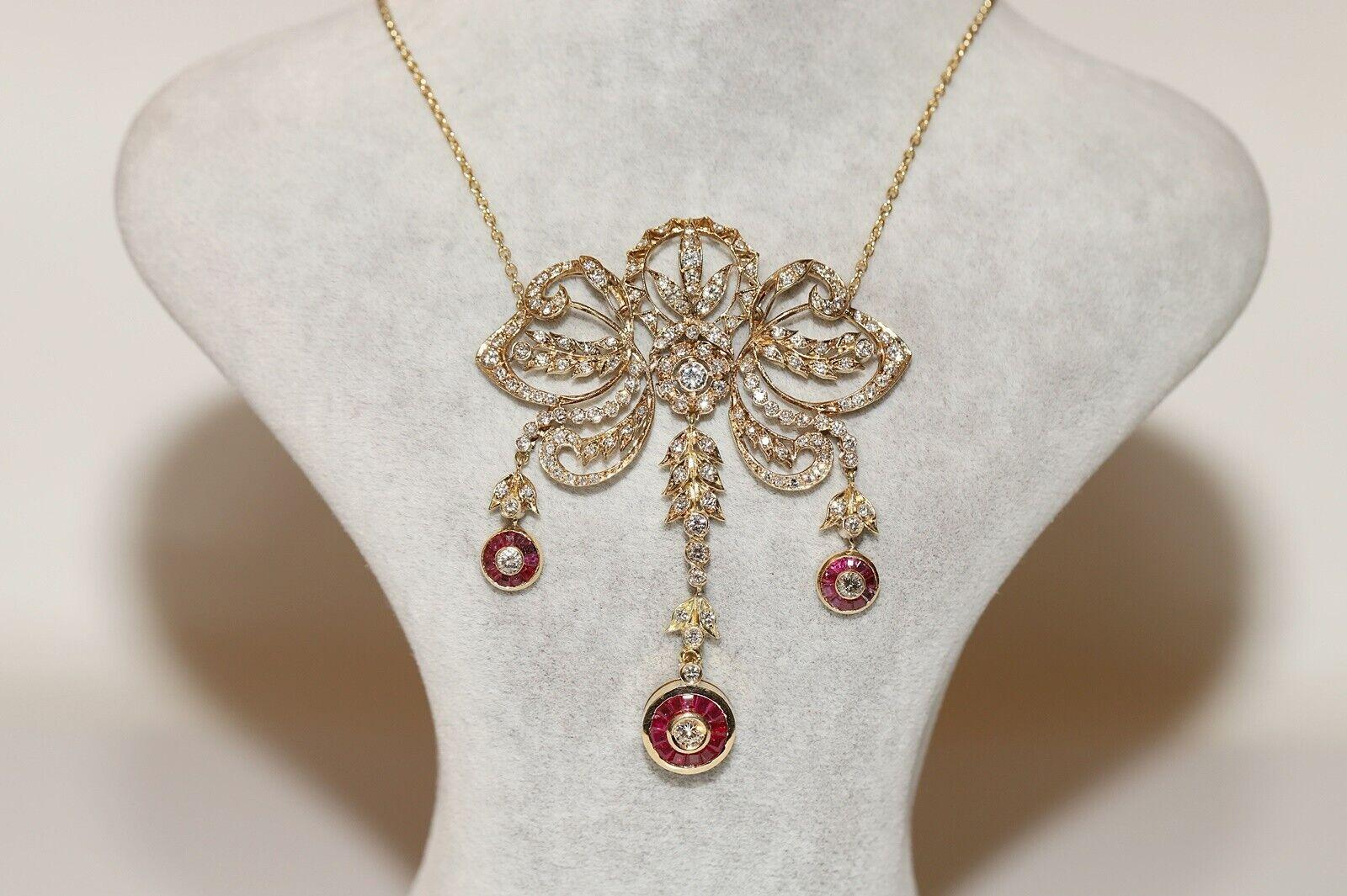 In very good condition.
Total weight is 19.8 grams.
Diamond totally is about 3.40 carat.
The diamond is has  G-H color and vvs-vs-s1 clarity.
Original vintage item about 40-50 years old.
Ruby totally is about 0.95 carat.
Total chain lenght is 55