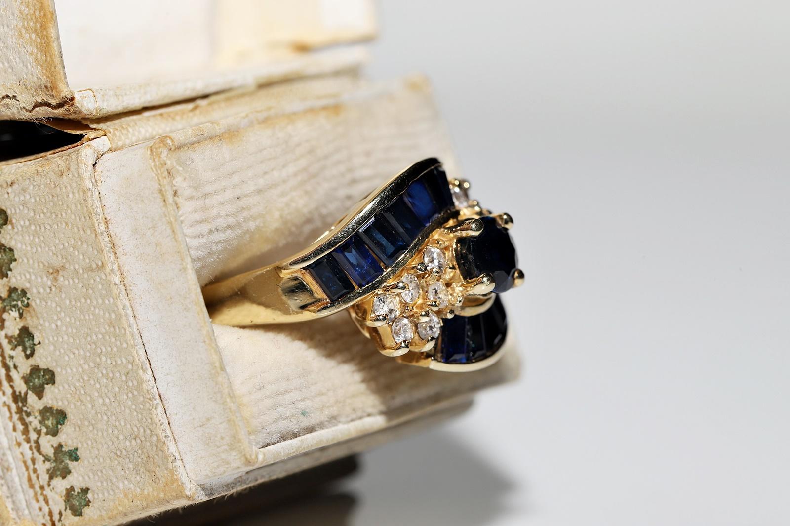 Vintage Circa 1980s 14k Gold Natural Diamond And Caliber Sapphire Decorated Ring For Sale 9