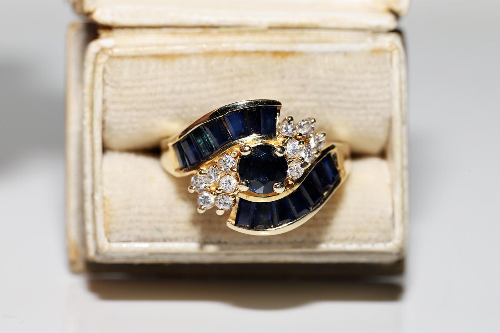 In very good condition.
Total weight is 6.3 grams.
Totally is diamond 0.40 ct.
The diamond is has H color and vs-s1-s2 clarity.
Totally is sapphire 1.60 ct.
Ring size is US 8 (We can make any size)
Box is not included.
Please contact for any