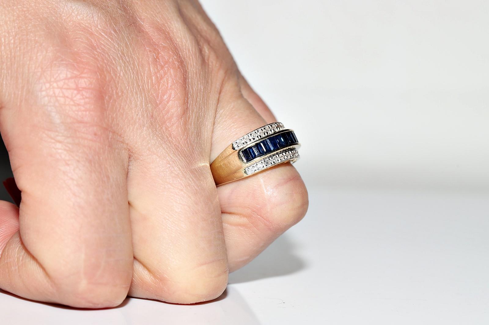Baguette Cut Vintage Circa 1980s 14k Gold Natural Diamond And Caliber Sapphire Decorated Ring For Sale