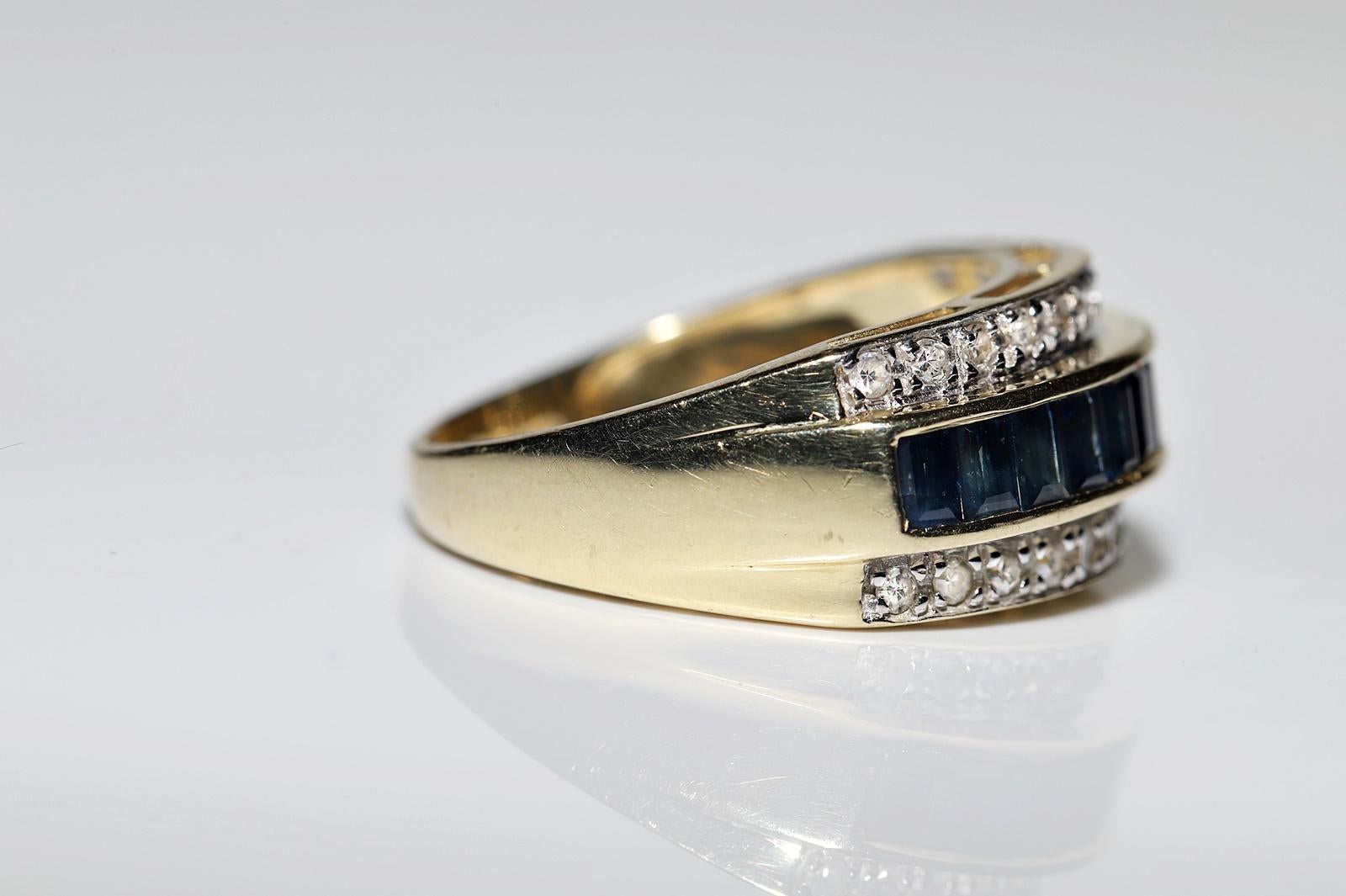 Vintage Circa 1980s 14k Gold Natural Diamond And Caliber Sapphire Decorated Ring For Sale 3