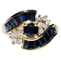 Vintage Circa 1980s 14k Gold Natural Diamond And Caliber Sapphire Decorated Ring