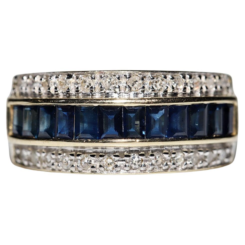 Vintage Circa 1980s 14k Gold Natural Diamond And Caliber Sapphire Decorated Ring For Sale