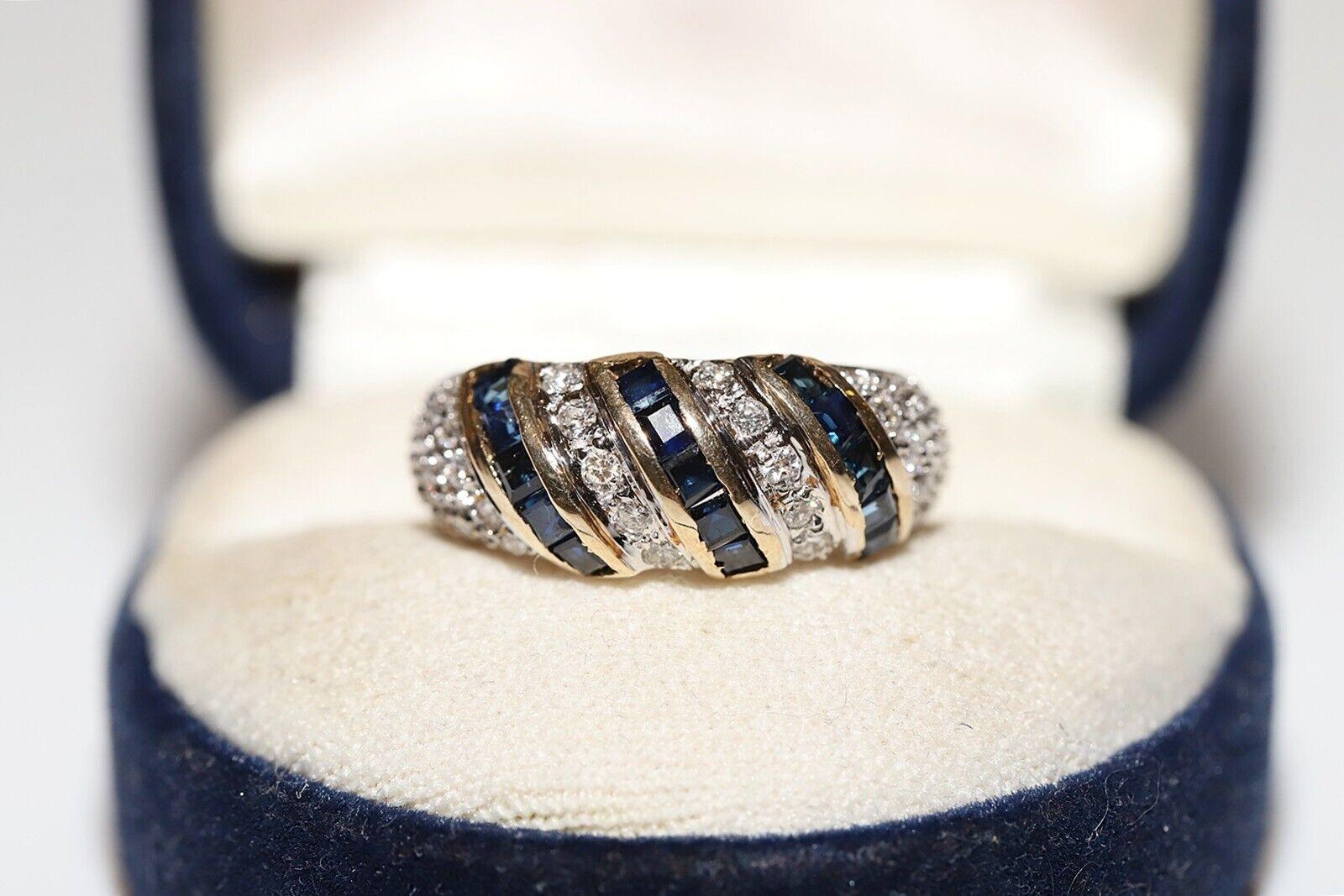 Vintage Circa 1980s 14k Gold Natural Diamond And Caliber Sapphire Ring For Sale 6